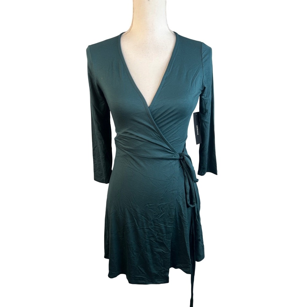 Lulus Women Dark Teal Green 3/4 Sleeve V-Neck Mini Wrap Dress Small